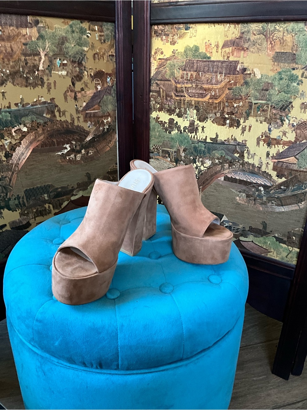 Stuart Weitzman Tan Suede Platform Mule Heels